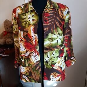 Silk Blouse or Jacket Beautiful Tropical Print Size 6 Buttons 3/4 Cuffed Sleeve